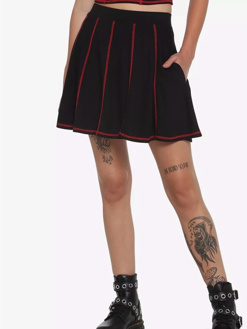 Hot Topic Black Red Contrast Stitch Pleated Skater Mini Skirt Size Large Punk - Picture 10 of 11